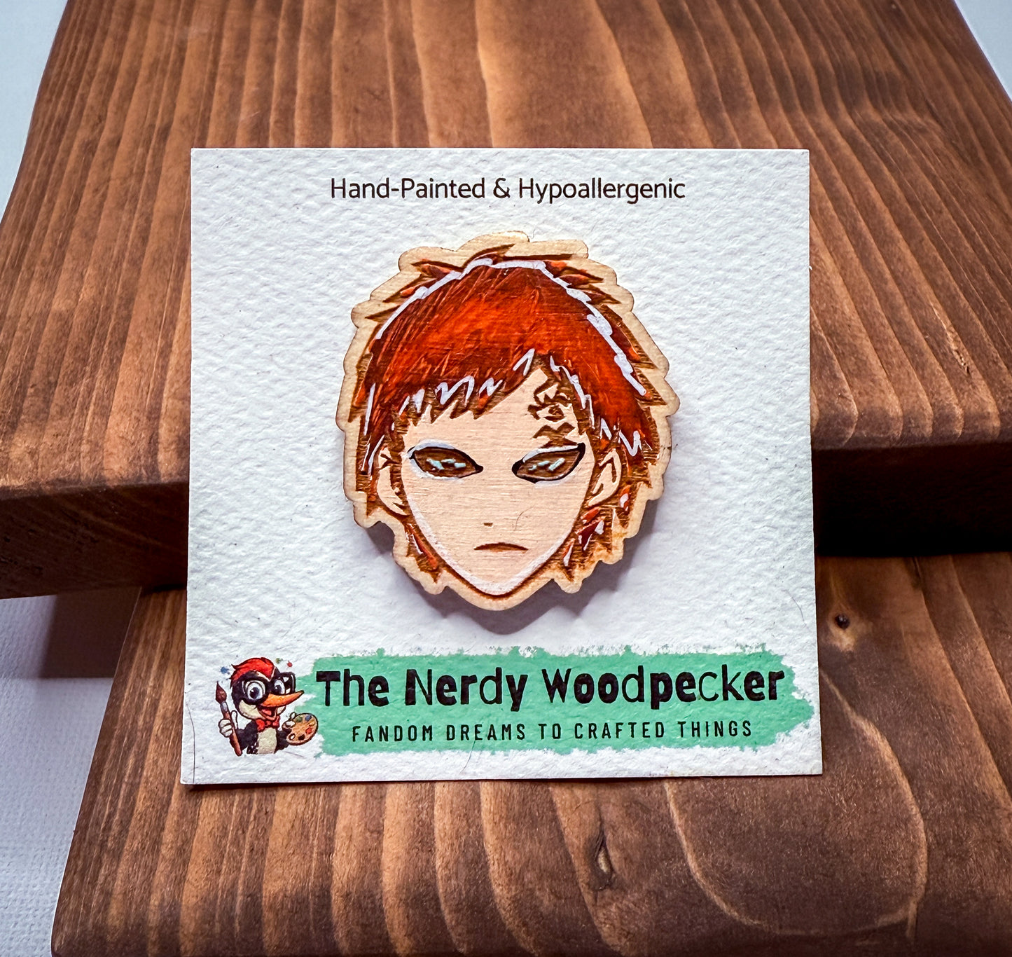 GAARA Wood Pin — Hand-Painted | Fandom Flair | Backpack Pin | Jacket Pin | Nerdy Gift | Gamer Gift | Geek Gift | Anime Gift | Naruto Fans