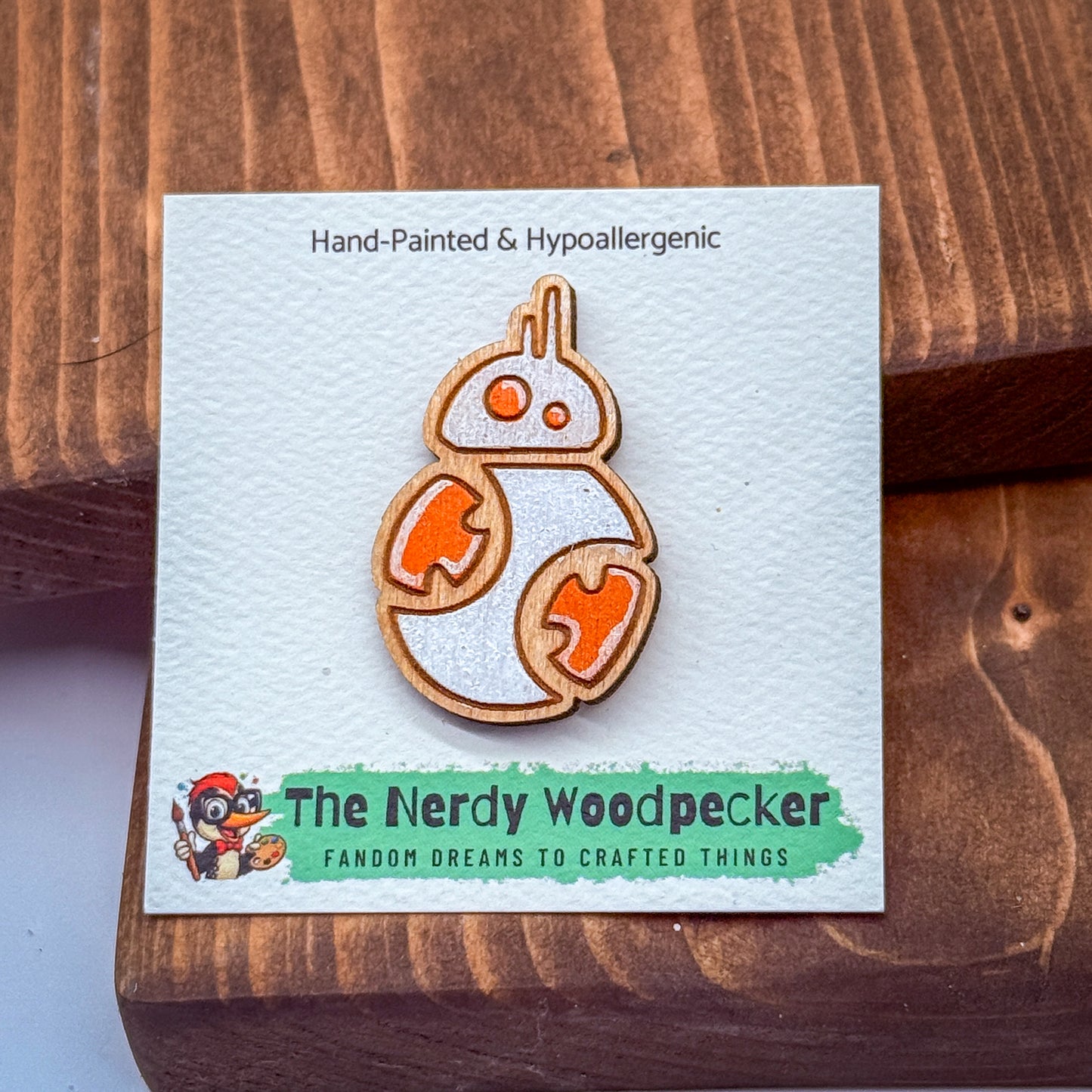 BB8 Wood Pin — Hand-Painted | Fandom Flair | Backpack Pin | Jacket Pin | Nerdy Gift | Gamer Gift | Geek Gift | Anime Gift | Disney Pins | Star Wars Pins
