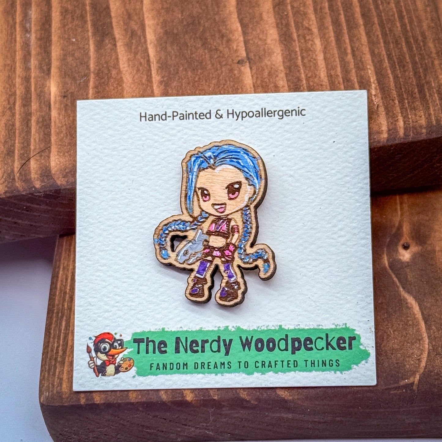 JINX Wood Pin — Hand-Painted | Fandom Flair | Backpack Pin | Jacket Pin | Nerdy Gift | Gamer Gift | Geek Gift | Anime Gift | League of Legends