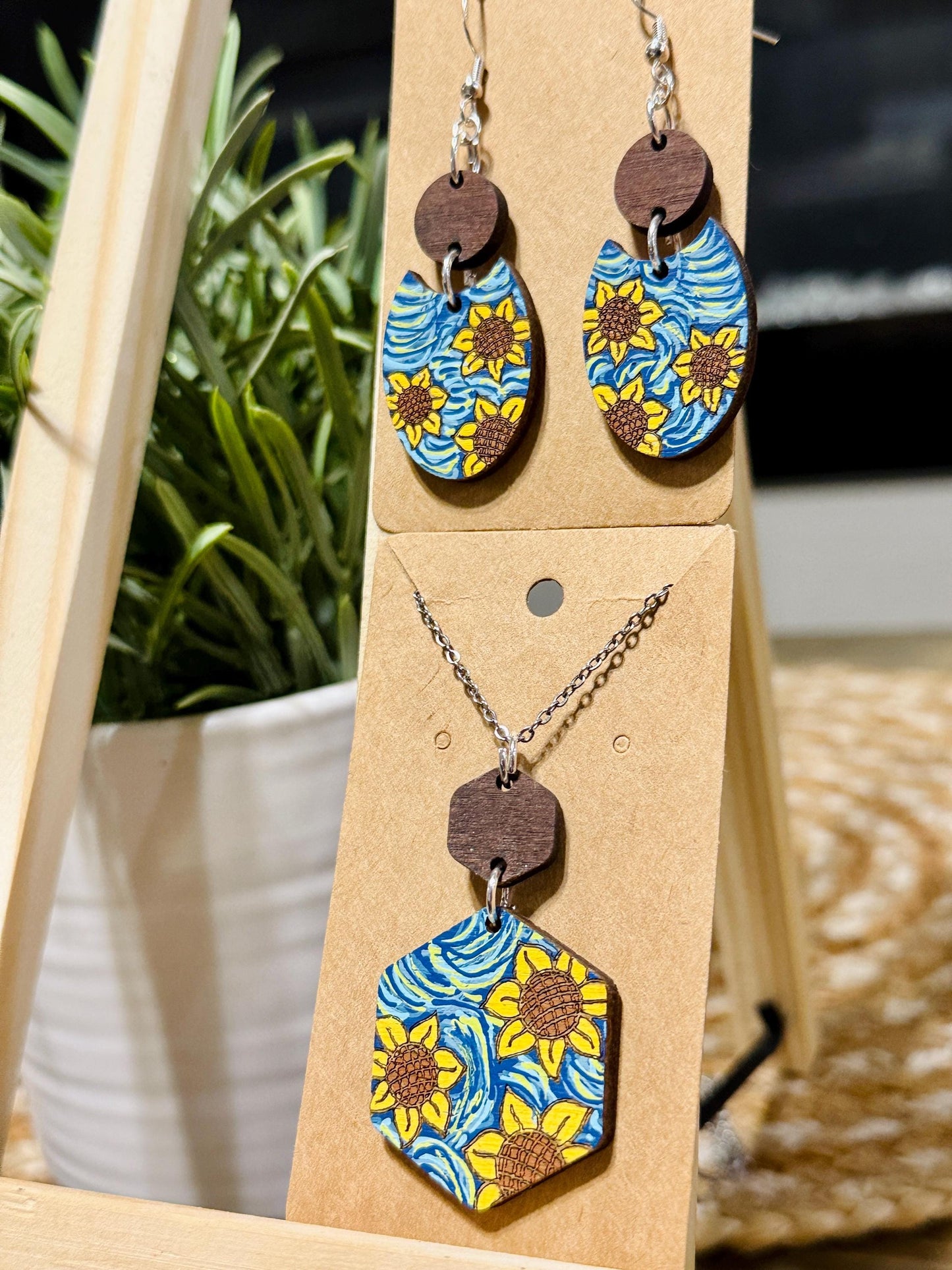 Hand-Painted Van Gogh Sunflower Jewelry Set | Earrings & Necklace Combo | Floral Statement Jewelry | Unique Artisan Gift for Her | Sunflower
