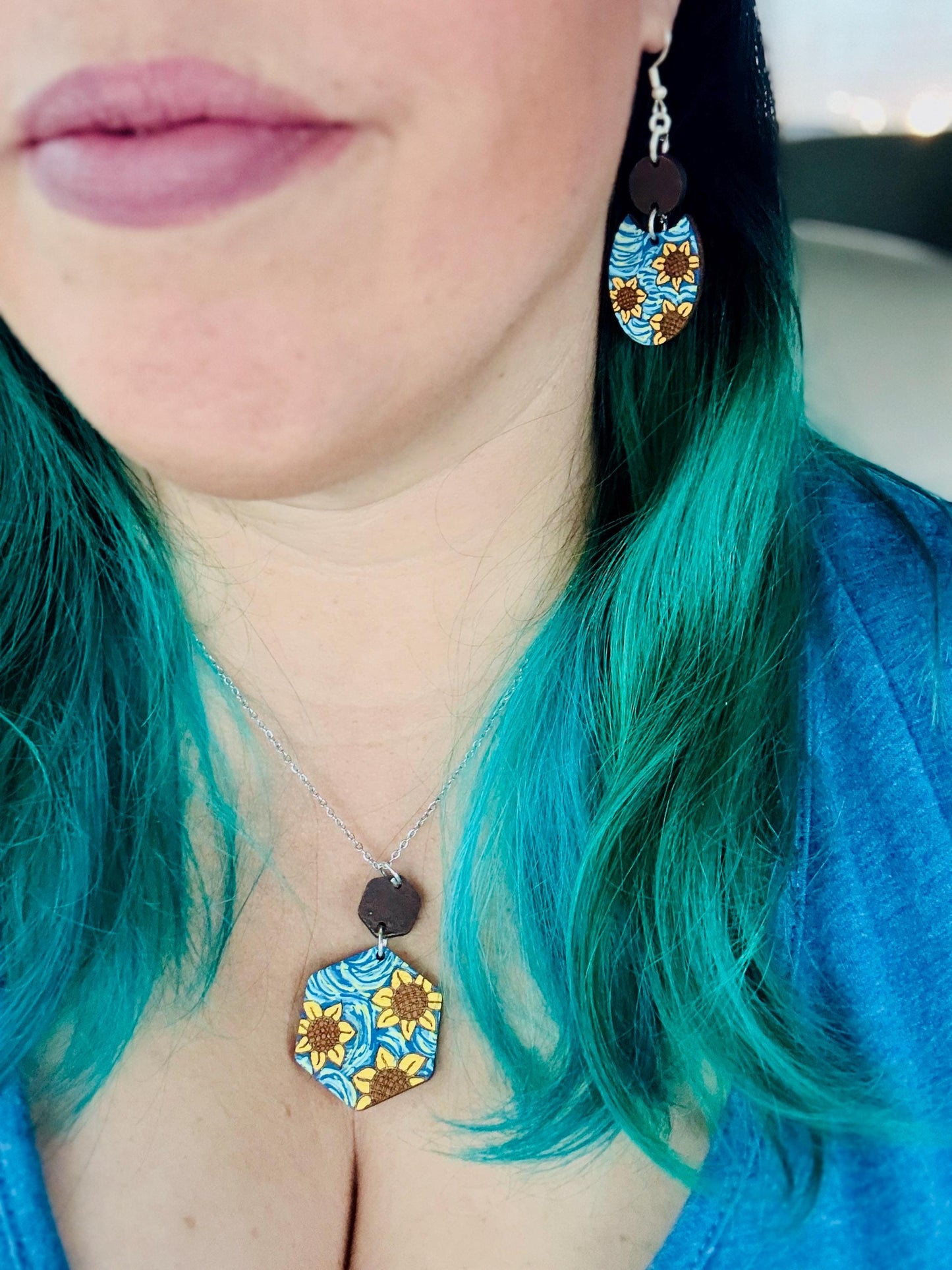 Hand-Painted Van Gogh Sunflower Jewelry Set | Earrings & Necklace Combo | Floral Statement Jewelry | Unique Artisan Gift for Her | Sunflower
