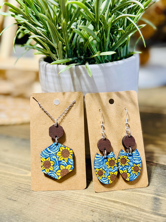 Hand-Painted Van Gogh Sunflower Jewelry Set | Earrings & Necklace Combo | Floral Statement Jewelry | Unique Artisan Gift for Her | Sunflower