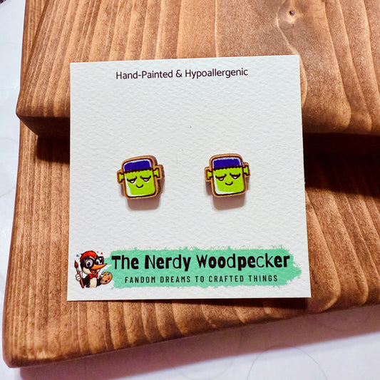 FRANKENSTEIN Stud Earrings — Hand-Painted | Nerdy Earrings | Quirky Earrings | Weird Earrings | Anime Earrings | Fandom | Cosplay | Stocking Stuffers | Gifts for Her | Nerd Gift