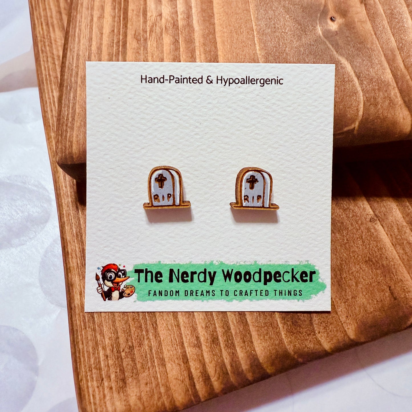 TOMBSTONE Stud Earrings — Hand-Painted | Nerdy Earrings | Quirky Earrings | Weird Earrings | Anime Earrings | Fandom | Cosplay | Stocking Stuffers | Gifts for Her | Nerd Gift