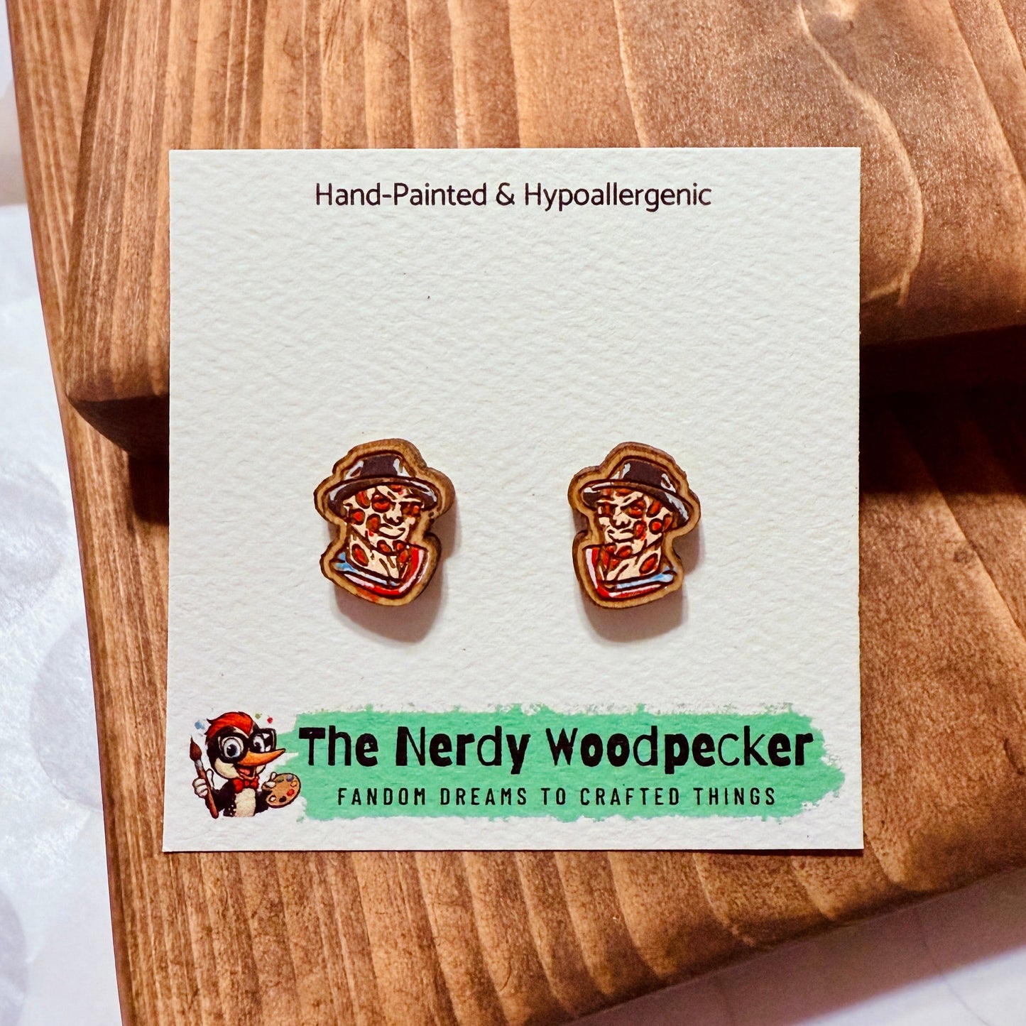 FREDDY KRUEGER Horror Stud Earrings — Hand-Painted | Spooky Earrings | Creepy Jewelry | Scary Cosplay | Fandom Gift | Halloween Stocking Stuffers | Horror Fan Gift
