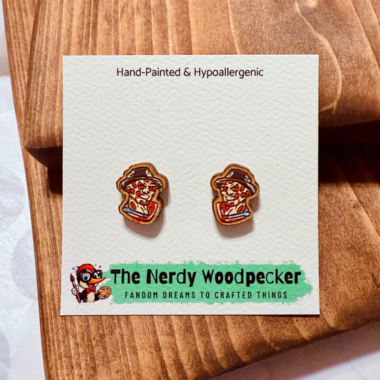 FREDDY KRUEGER Horror Stud Earrings — Hand-Painted | Spooky Earrings | Creepy Jewelry | Scary Cosplay | Fandom Gift | Halloween Stocking Stuffers | Horror Fan Gift