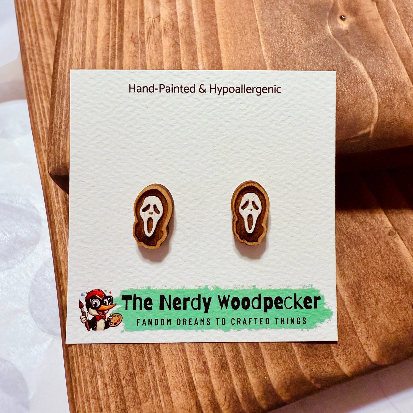 GHOSTFACE Horror Stud Earrings — Hand-Painted | Spooky Earrings | Creepy Jewelry | Scary Cosplay | Fandom Gift | Halloween Stocking Stuffers | Horror Fan Gift