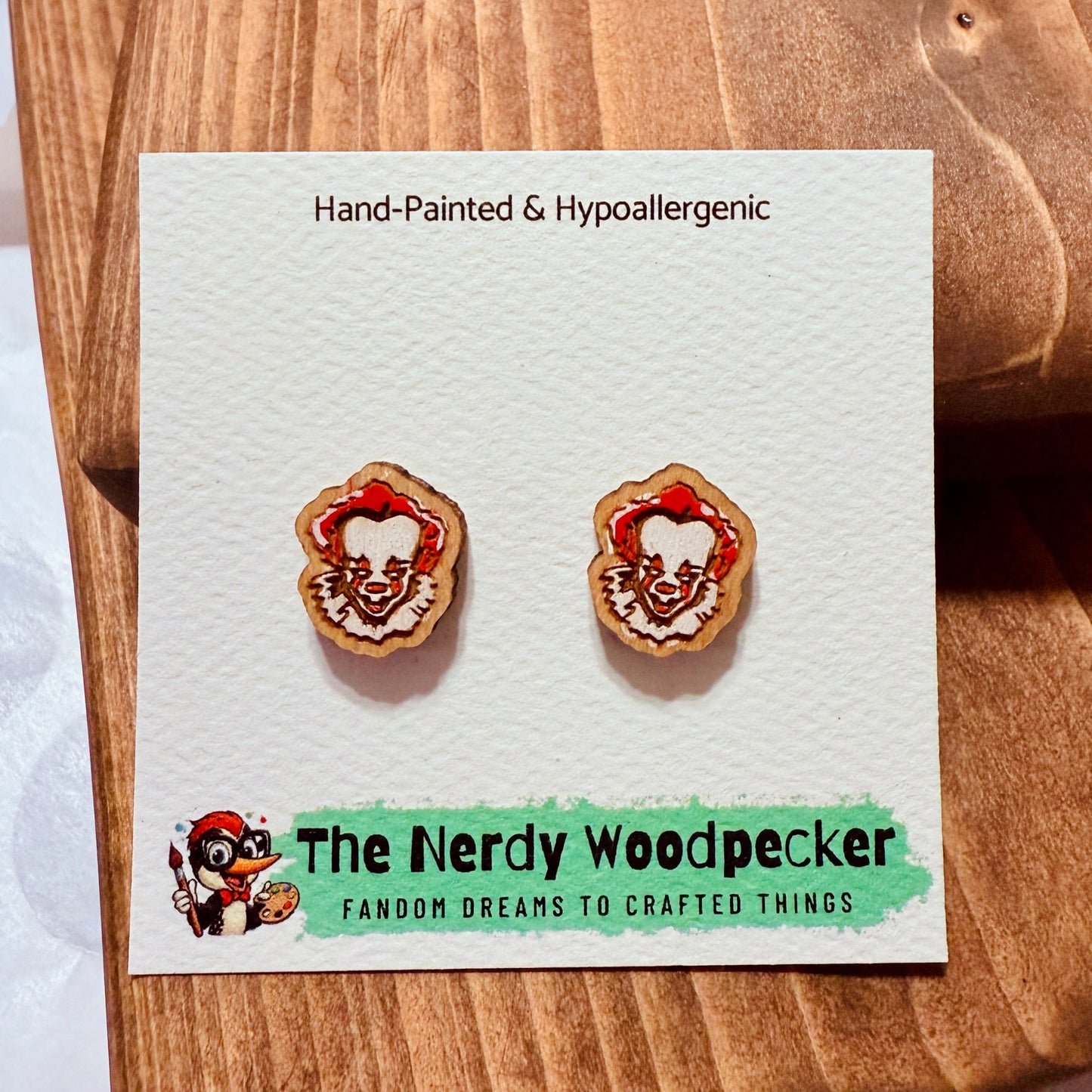 PENNYWISE Horror Stud Earrings — Hand-Painted | Spooky Earrings | Creepy Jewelry | Scary Cosplay | Fandom Gift | Halloween Stocking Stuffers | Horror Fan Gift