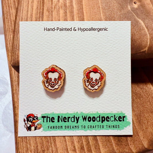 PENNYWISE Horror Stud Earrings — Hand-Painted | Spooky Earrings | Creepy Jewelry | Scary Cosplay | Fandom Gift | Halloween Stocking Stuffers | Horror Fan Gift