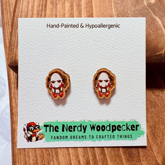 JIGSAW Horror Stud Earrings — Hand-Painted | Spooky Earrings | Creepy Jewelry | Scary Cosplay | Fandom Gift | Halloween Stocking Stuffers | Horror Fan Gift