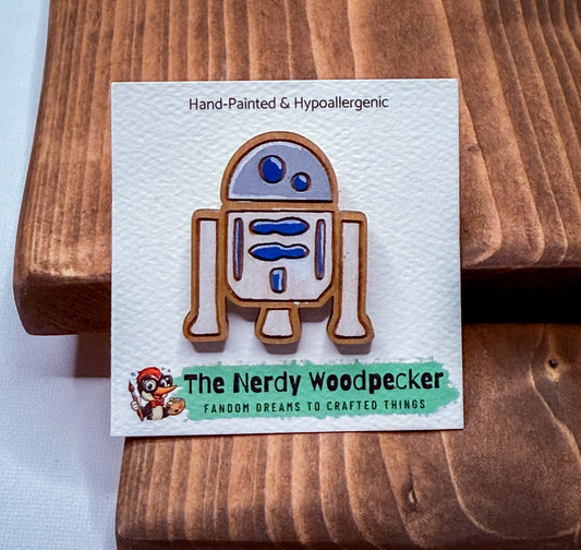R2D2 Wood Pin — Hand-Painted | Fandom Flair | Backpack Pin | Jacket Pin | Nerdy Gift | Gamer Gift | Geek Gift | Anime Gift | Disney Pins | Star Wars Pins