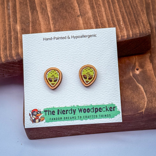 ALIEN Stud Earrings — Hand-Painted | Nerdy Earrings | Quirky Earrings | Weird Earrings | Anime Earrings | Fandom | Cosplay | Stocking Stuffers | Gifts for Her | Nerd Gift