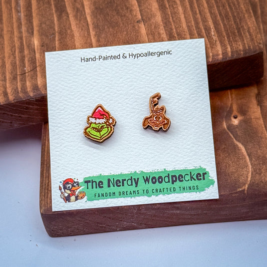 GRINCH Stud Earrings — Hand-Painted | Christmas Earrings | Holiday Earrings | Winter Earrings | Anime Earrings | Fandom | Cosplay | Stocking Stuffers | Gifts for Her | Disney Earrings