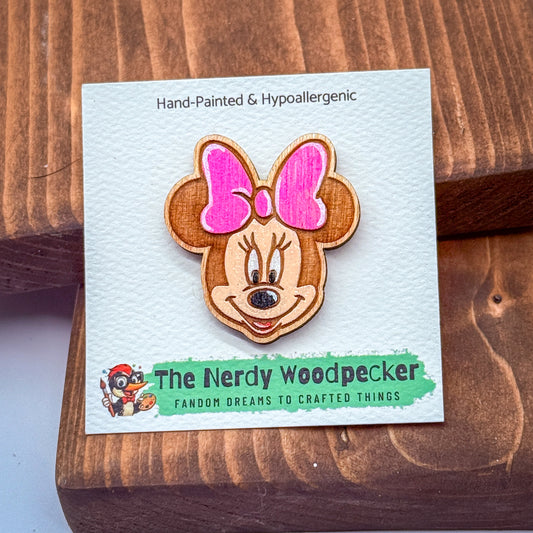 MINNIE Wood Pin — Hand-Painted | Fandom Flair | Backpack Pin | Jacket Pin | Nerdy Gift | Gamer Gift | Disney Gift | Geek Gift | Anime Gift