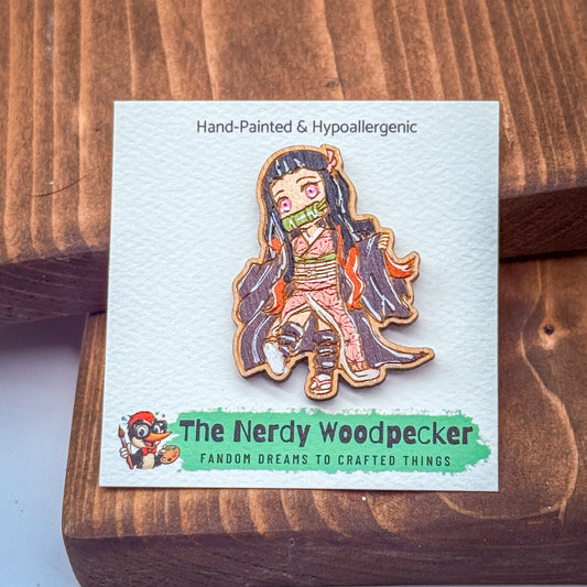 NEZUKO Wood Pin — Hand-Painted | Fandom Flair | Backpack Pin | Jacket Pin | Nerdy Gift | Gamer Gift | Geek Gift | Anime Gift | Demon Slayer