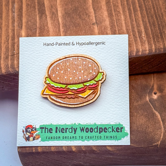 BURGER Wood Pin — Hand-Painted | Fandom Flair | Backpack Pin | Jacket Pin | Nerdy Gift | Gamer Gift | Geek Gift | Anime Gift | Foodie