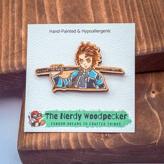 KAMADO Wood Pin — Hand-Painted | Fandom Flair | Backpack Pin | Jacket Pin | Nerdy Gift | Gamer Gift | Geek Gift | Anime Gift | Demon Slayer
