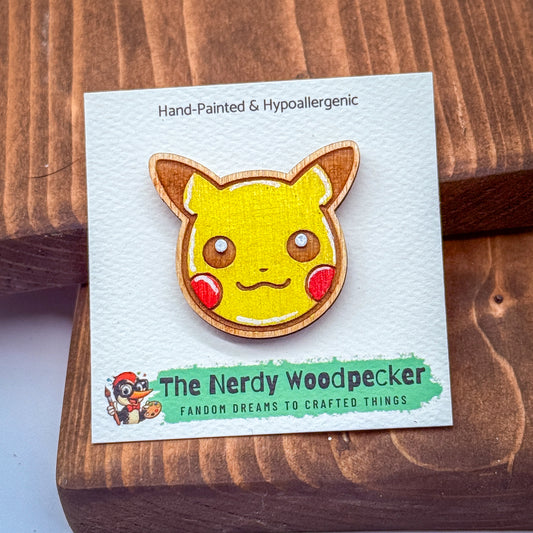 PIKACHU Wood Pin — Hand-Painted | Fandom Flair | Backpack Pin | Jacket Pin | Nerdy Gift | Gamer Gift | Geek Gift | Anime Gift | Pokemon Gift | Pokemon Pin