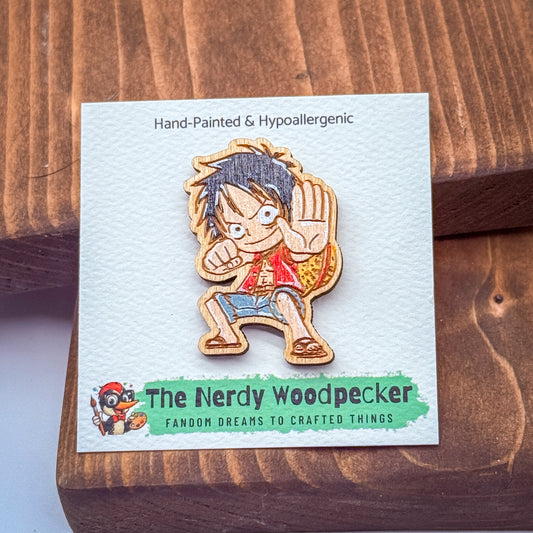ONE PIECE Wood Pin — Hand-Painted | Fandom Flair | Backpack Pin | Jacket Pin | Nerdy Gift | Gamer Gift | Geek Gift | Anime Gift | Luffy