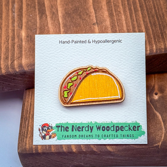 TACO Wood Pin — Hand-Painted | Fandom Flair | Backpack Pin | Jacket Pin | Nerdy Gift | Gamer Gift | Geek Gift | Anime Gift | Foodie