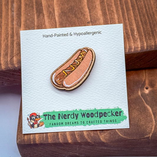 HOT DOG Wood Pin — Hand-Painted | Fandom Flair | Backpack Pin | Jacket Pin | Nerdy Gift | Gamer Gift | Geek Gift | Anime Gift | Foodie | Glizzy
