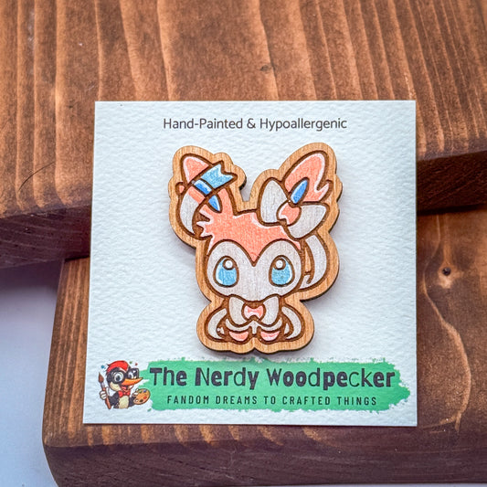 SYLVEON Wood Pin — Hand-Painted | Fandom Flair | Backpack Pin | Jacket Pin | Nerdy Gift | Gamer Gift | Geek Gift | Anime Gift | Pokemon Gift | Pokemon Pins