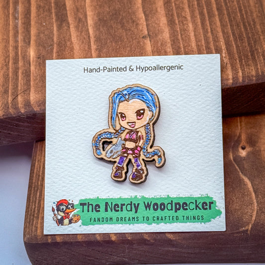 JINX Wood Pin — Hand-Painted | Fandom Flair | Backpack Pin | Jacket Pin | Nerdy Gift | Gamer Gift | Geek Gift | Anime Gift | League of Legends