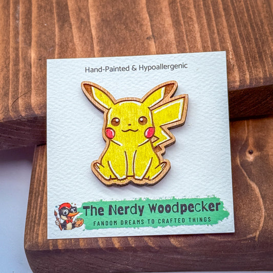 PIKACHU Wood Pin — Hand-Painted | Fandom Flair | Backpack Pin | Jacket Pin | Nerdy Gift | Gamer Gift | Geek Gift | Anime Gift | Pokemon Gift | Pokemon Pin