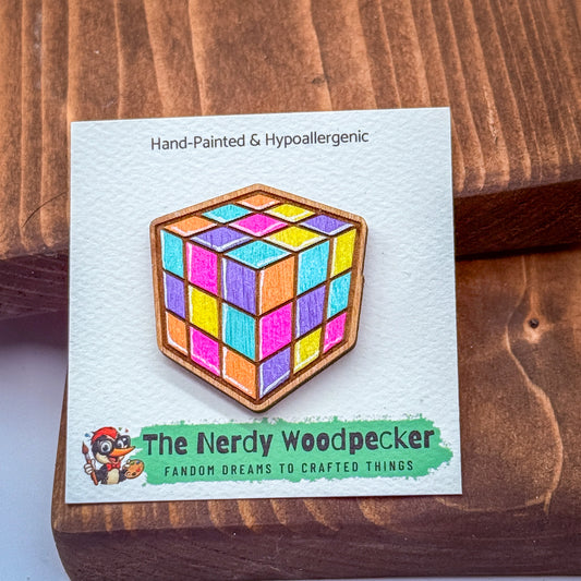 RUBIX CUBE Wood Pin — Hand-Painted | Fandom Flair | Backpack Pin | Jacket Pin | Nerdy Gift | Gamer Gift | Girlfriend Gift | Geek Gift | Anime Gift | 90s | Retro Gift