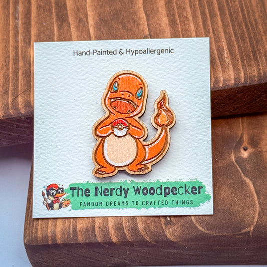 CHARMANDER Wood Pin — Hand-Painted | Fandom Flair | Backpack Pin | Jacket Pin | Nerdy Gift | Gamer Gift | Geek Gift | Anime Gift | Pokemon Gift | Pokemon Pin