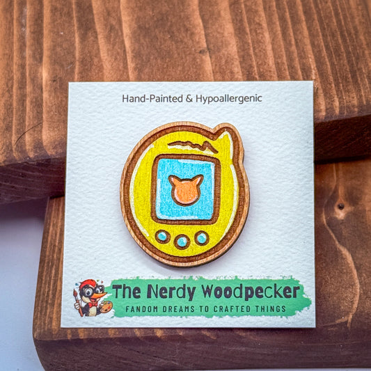 TAMAGOCHI Wood Pin — Hand-Painted | Fandom Flair | Backpack Pin | Jacket Pin | Nerdy Gift | Gamer Gift | Girlfriend Gift | Geek Gift | Anime Gift | 90s