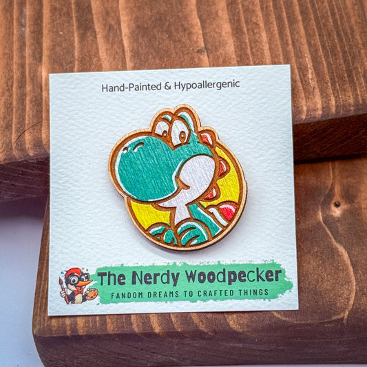 YOSHI Pin | Super Mario Fans | Wood Pin — Hand-Painted | Fandom Flair | Backpack Pin | Jacket Pin | Nerdy Gift