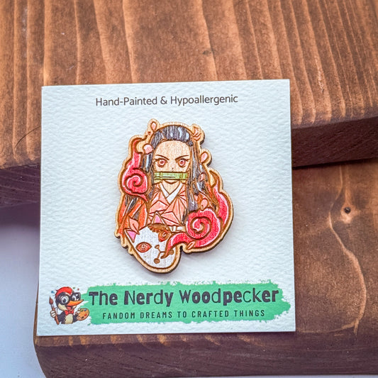 NEZUKO Wood Pin — Hand-Painted | Fandom Flair | Backpack Pin | Jacket Pin | Nerdy Gift | Gamer Gift | Geek Gift | Anime Gift | Demon Slayer