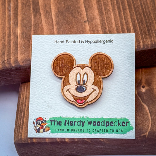 MICKEY Wood Pin — Hand-Painted | Fandom Flair | Backpack Pin | Jacket Pin | Nerdy Gift | Gamer Gift | Disney Gift | Geek Gift | Anime Gift