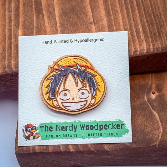 ONE PIECE Wood Pin — Hand-Painted | Fandom Flair | Backpack Pin | Jacket Pin | Nerdy Gift | Gamer Gift | Geek Gift | Anime Gift | Luffy