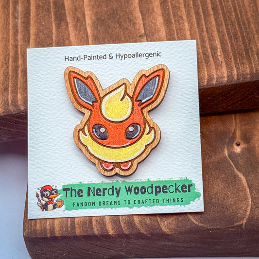 FLAREON Wood Pin — Hand-Painted | Fandom Flair | Backpack Pin | Jacket Pin | Nerdy Gift | Gamer Gift | Geek Gift | Anime Gift | Pokemon Gift | Pokemon Pins
