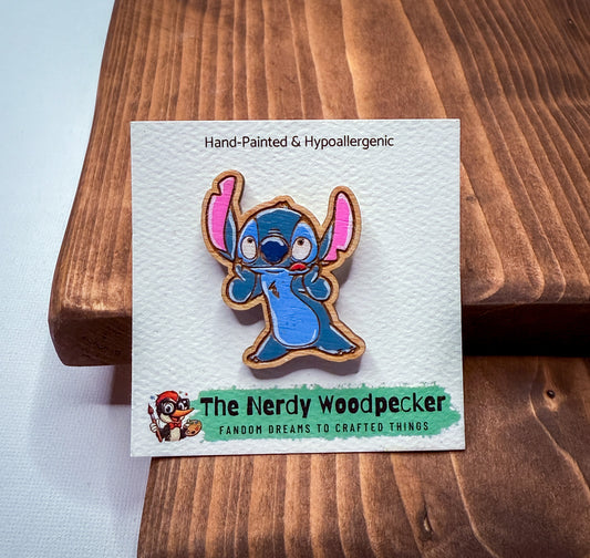 STITCH Wood Pin — Hand-Painted | Fandom Flair | Backpack Pin | Jacket Pin | Nerdy Gift | Gamer Gift | Geek Gift | Anime Gift | Disney Pins