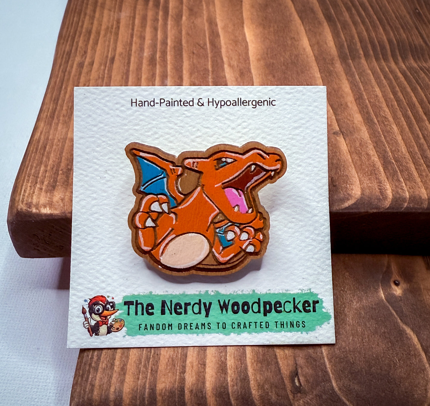 CHARIZARD Wood Pin — Hand-Painted | Fandom Flair | Backpack Pin | Jacket Pin | Nerdy Gift | Gamer Gift | Geek Gift | Anime Gift | Pokemon Gift | Pokemon Pin