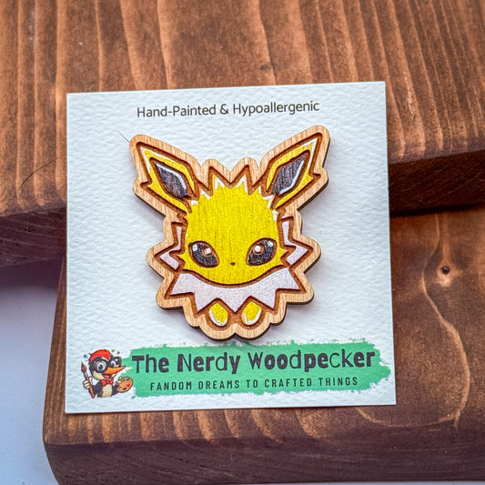 JOLTEON Wood Pin — Hand-Painted | Fandom Flair | Backpack Pin | Jacket Pin | Nerdy Gift | Gamer Gift | Geek Gift | Anime Gift | Pokemon Gift | Pokemon Pins